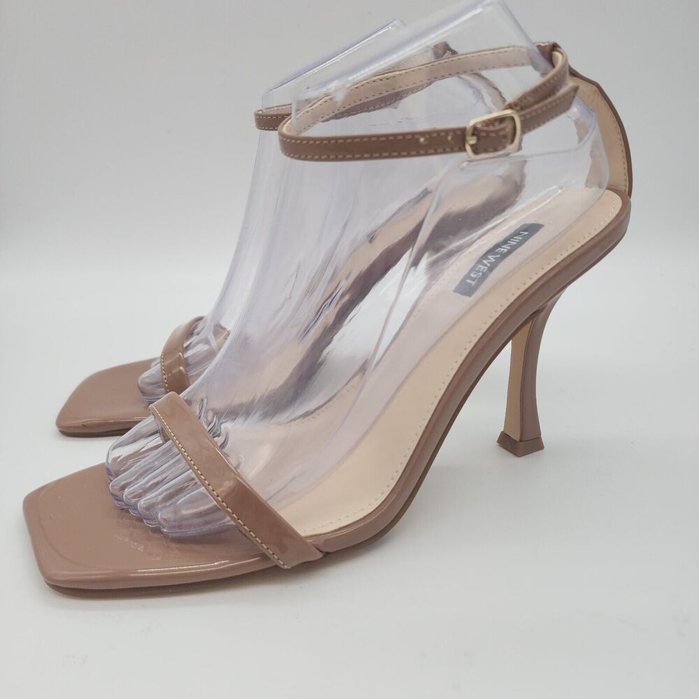 Nine Wester Patent Leather Heeled Sandals Size 9.5 Beige Square Open Toe Neutral - Picture 3 of 7